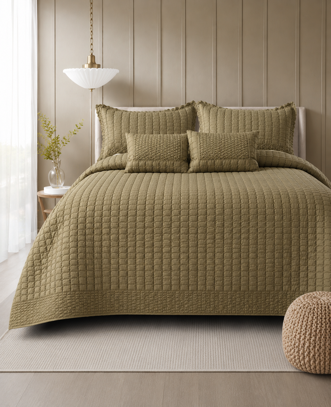 Luxury bedding set featuring five pieces with serene wave stitch design from The Gharnish, includes duvet cover, sheets, and pillowcases.