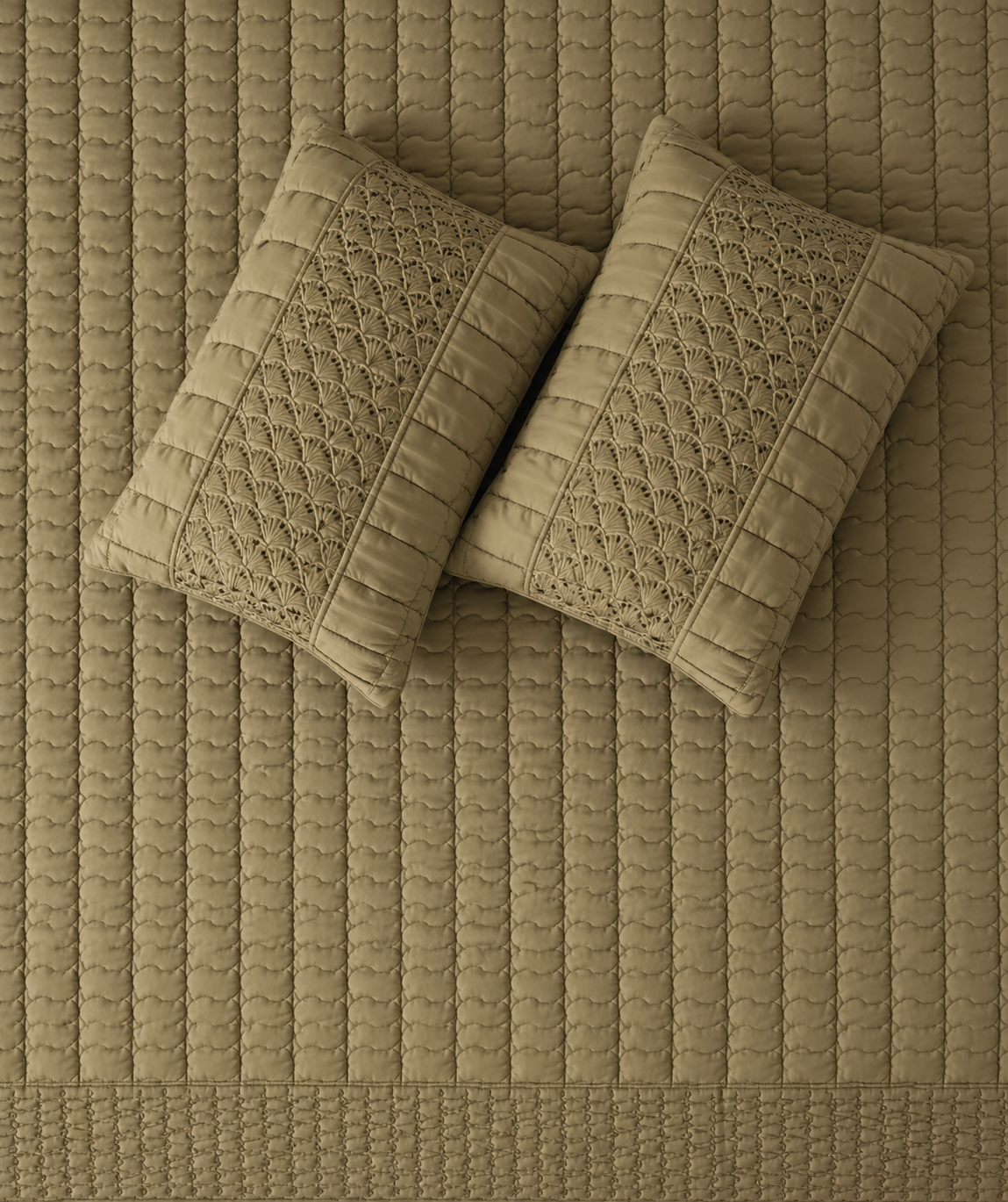 Luxury bedding set by The Gharnish featuring serene wave stitch design with five pieces for a cozy, elegant bedroom decor.