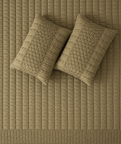 Luxury bedding set by The Gharnish featuring serene wave stitch design with five pieces for a cozy, elegant bedroom decor.