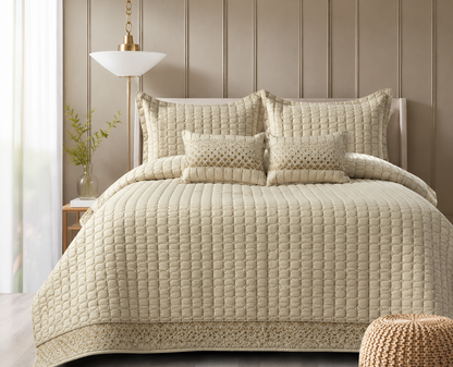 Luxury Serene Wave Stitch bedding set by The Gharnish with five pieces, featuring elegant wave stitch patterns in soft, comfortable fabric.