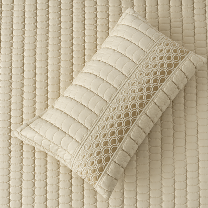 Luxury bedding set by The Gharnish featuring serene wave stitch design, includes 5 pieces for a cozy bedroom look.