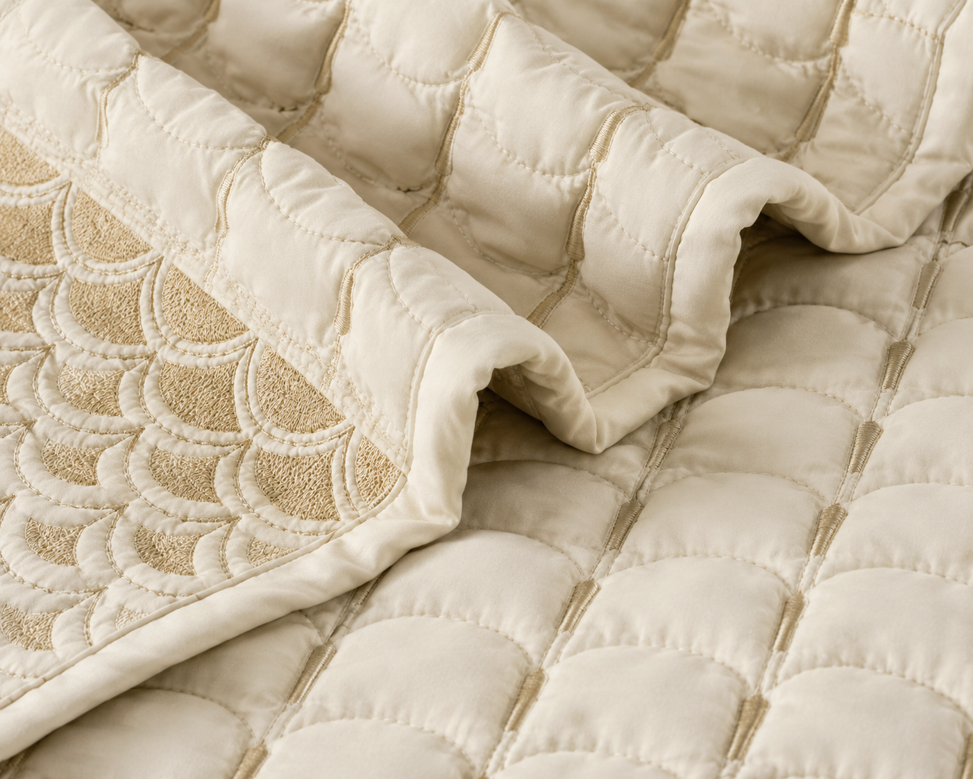 Luxurious Serene Wave Stitch bedding set by The Gharnish featuring five pieces with elegant wave patterns and soft, high-quality fabric.