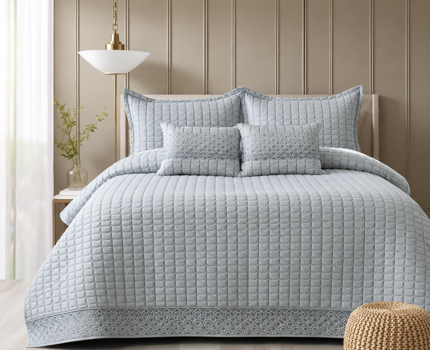 Luxury bedding set by The Gharnish featuring serene wave stitch design, includes 5 pieces of soft, stylish bed linens.