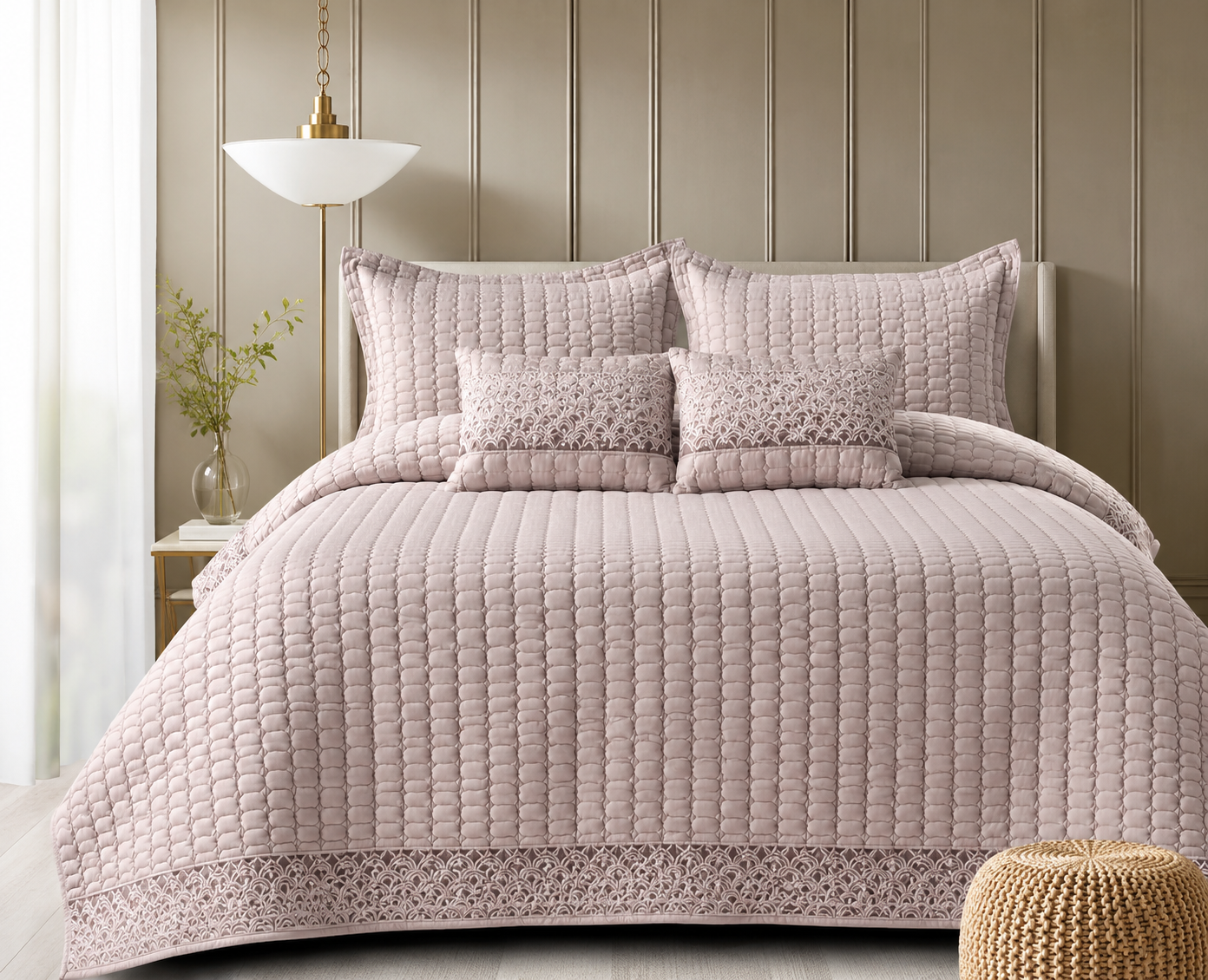 Luxury bedding set with wave stitch design, includes five pieces from The Gharnish Serene Wave Stitch collection.