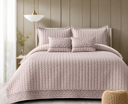 Luxury bedding set with wave stitch design, includes five pieces from The Gharnish Serene Wave Stitch collection.