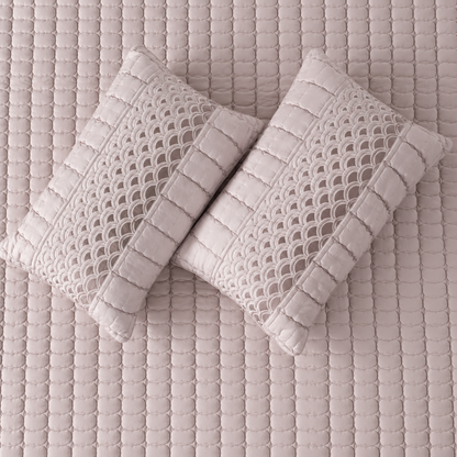Luxury Serene Wave Stitch bedding set by The Gharnish, featuring five-piece bedding with elegant wave embroidery in soft, calming tones.