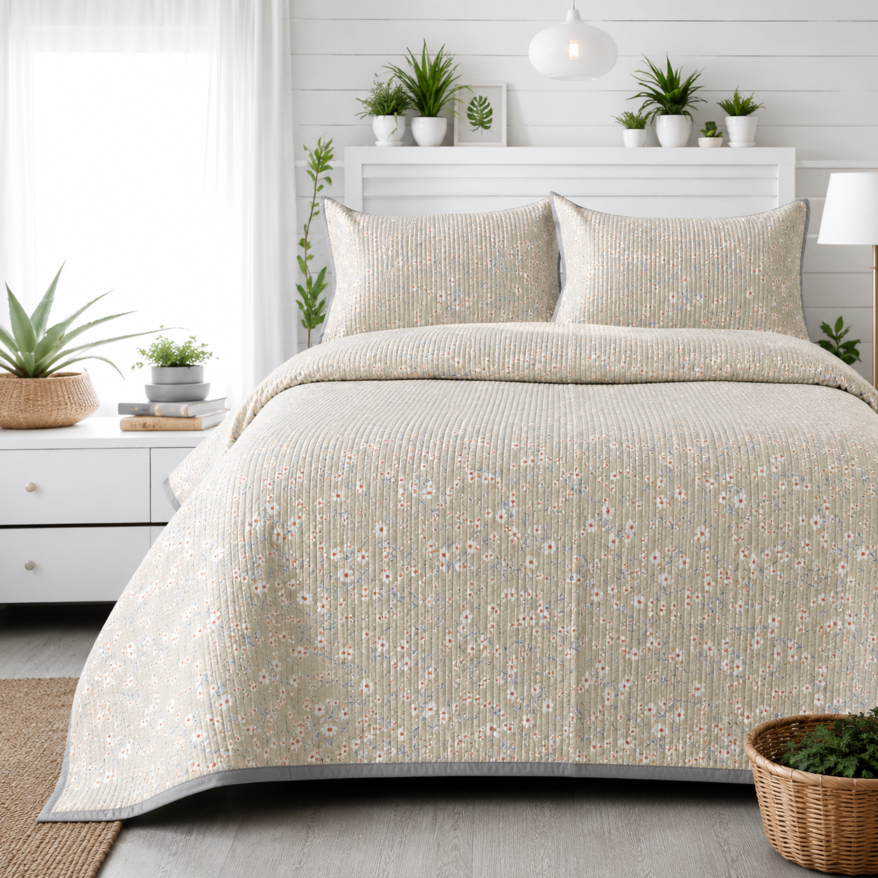 Soft floral bedding set of 3 from The Gharnish, quilted bedcover with two matching pillow covers for cozy bedroom decor.