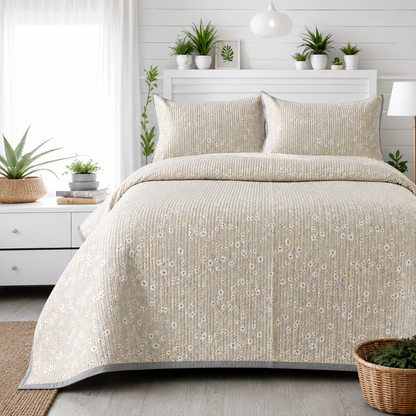 Soft floral bedding set of 3 from The Gharnish, quilted bedcover with two matching pillow covers for cozy bedroom decor.