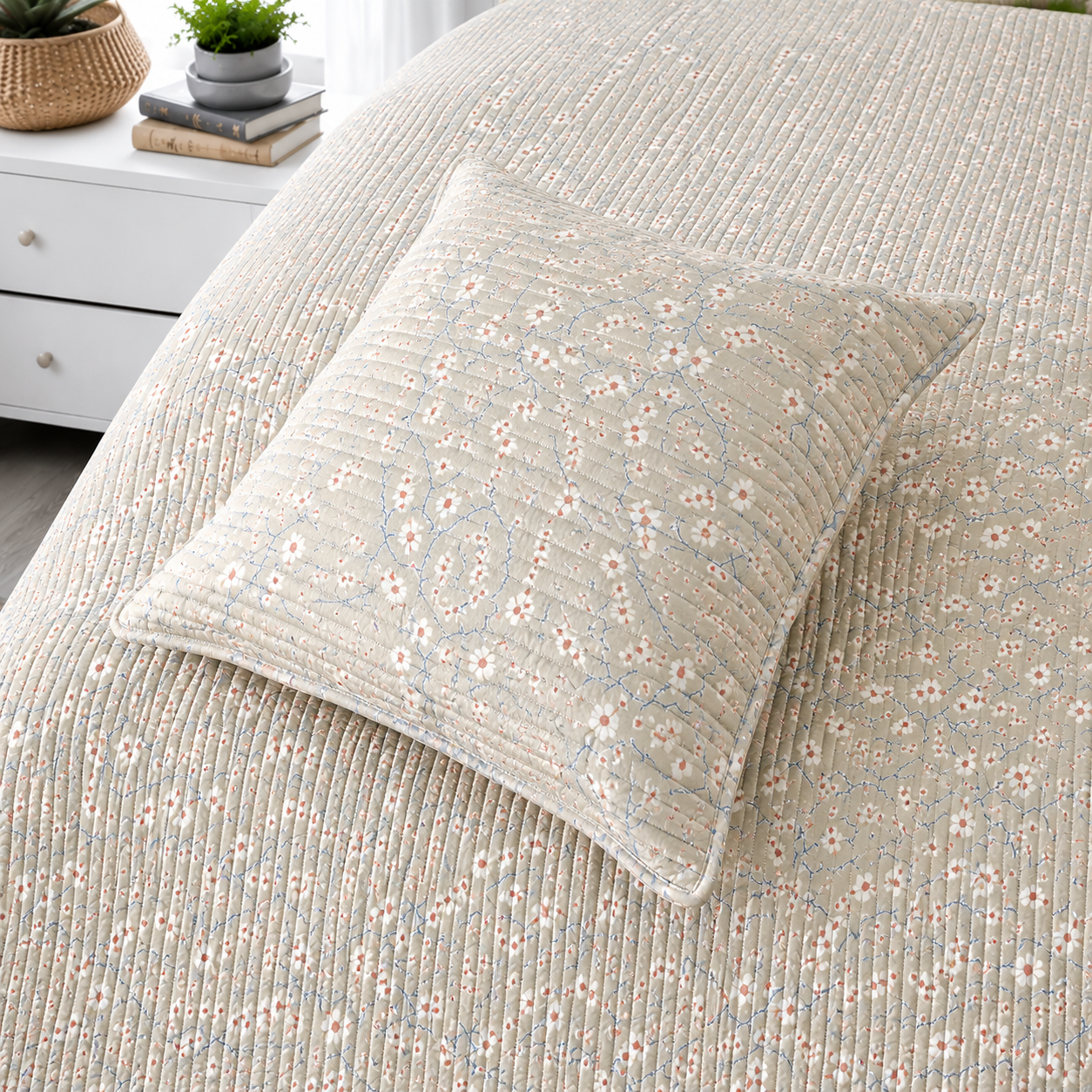 Floral bedding set of 3 with soft quilted bedcover and two matching pillow covers from The Gharnish, featuring colorful flower patterns.