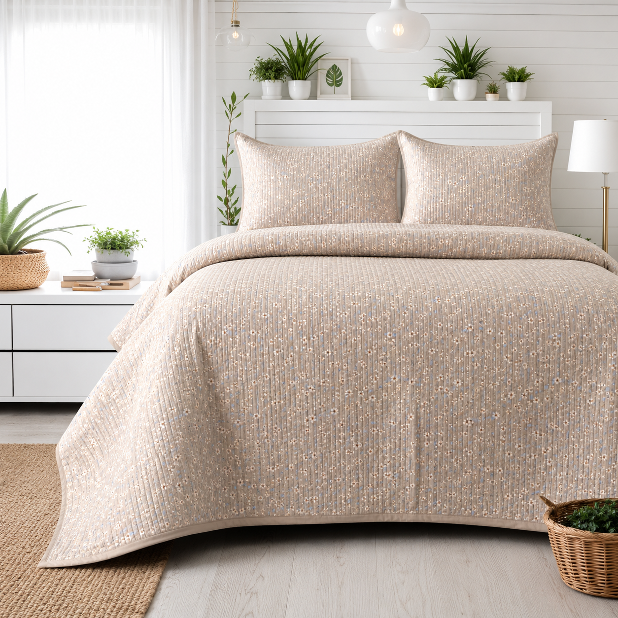 Soft floral bedding set of 3 with quilted bedcover and two matching pillow covers from The Gharnish, ideal for cozy bedrooms.