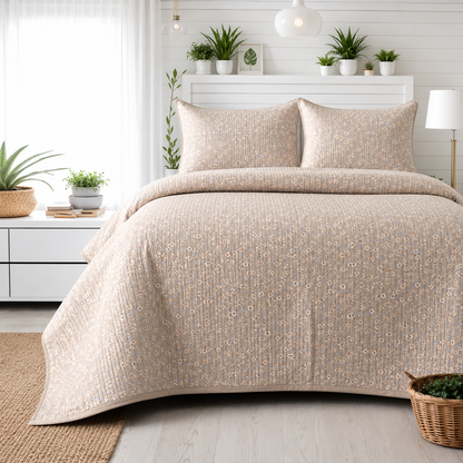 Soft floral bedding set of 3 with quilted bedcover and two matching pillow covers from The Gharnish, ideal for cozy bedrooms.
