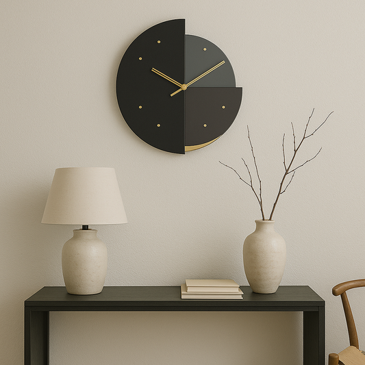 Modern Geometric Wall Clock – Black, Grey & Gold Accent | Minimalist Home Decor