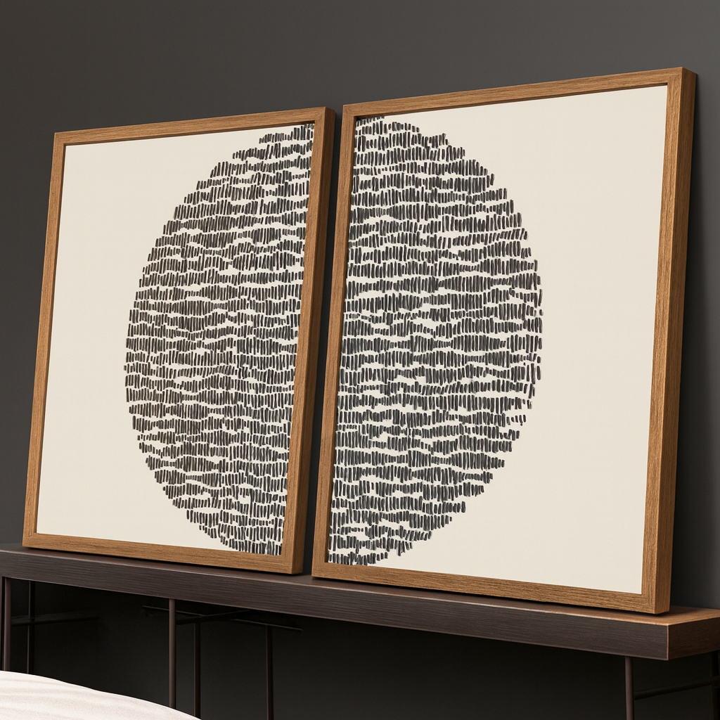 Minimalist Black & White Abstract Circle Wall Art – Set of 2 | Modern Geometric Canvas with Wooden Frame - The Gharnish - A Unit of Satkala Creations