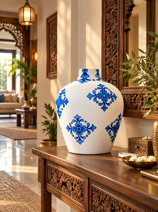 Oversized hand-painted ceramic blue pottery vase from The Gharnish featuring intricate designs and a large, decorative shape.