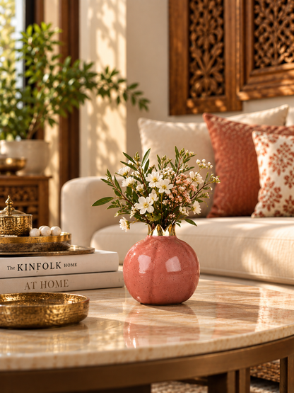 Small pomegranate-shaped vase by TheGharnish, featuring a vibrant red exterior and a smooth, rounded design perfect for floral arrangements.