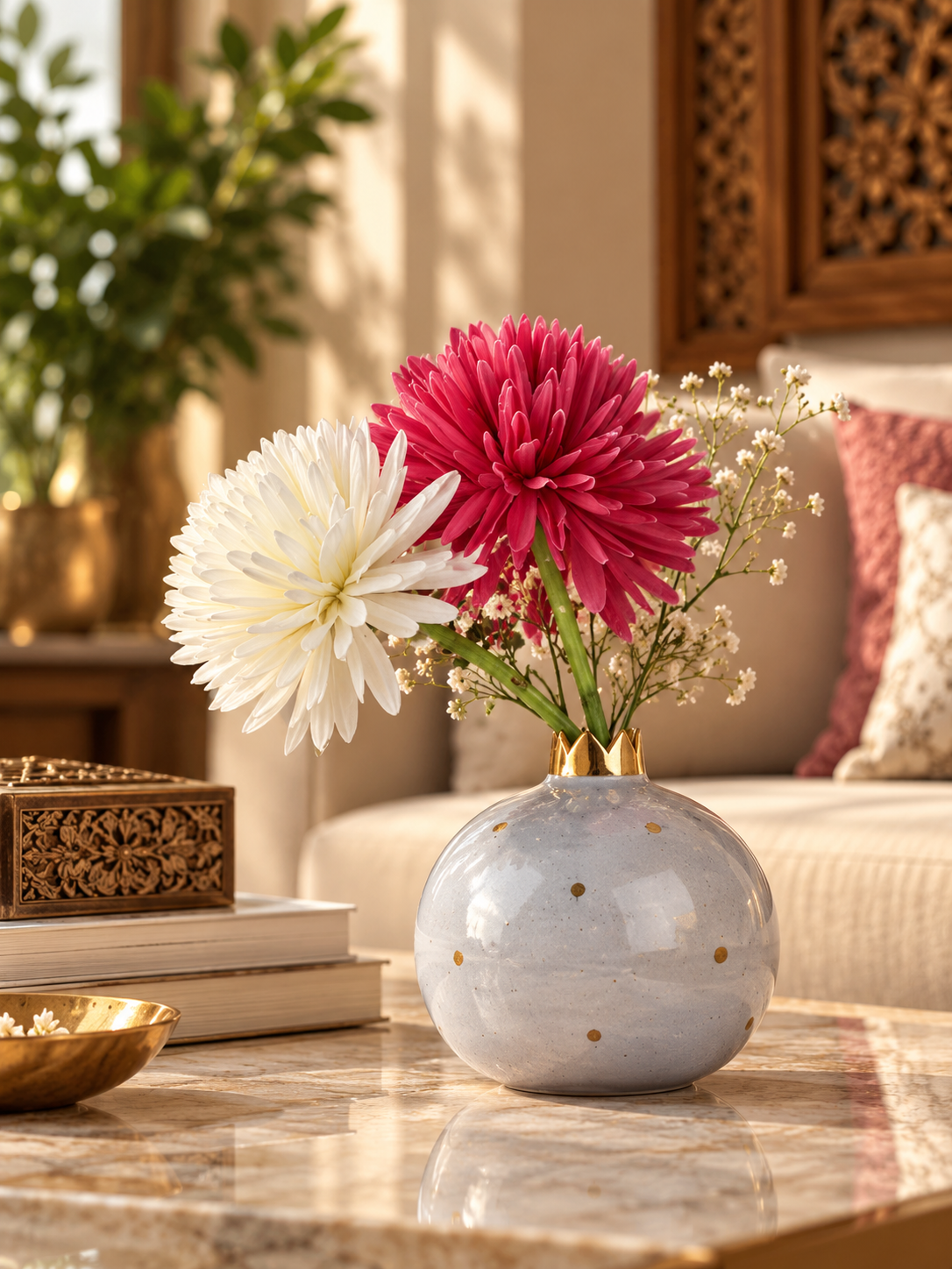 Small pomegranate-shaped vase by TheGharnish, featuring a vibrant red exterior and a smooth ceramic finish.