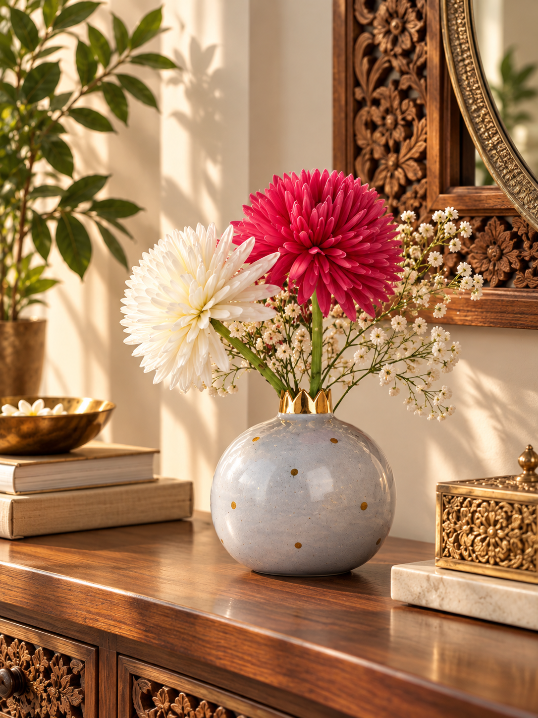 Small pomegranate-shaped vase by TheGharnish with a textured red exterior and narrow opening for floral arrangements.