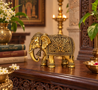 Handcrafted brass elephant decorative showpiece, traditional brass pooja item for home altar, by The Gharnish