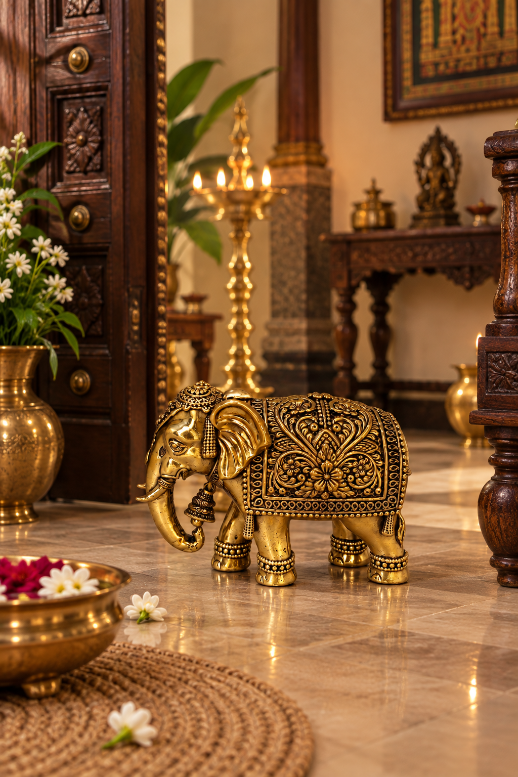 Handcrafted brass elephant decorative showpiece, traditional brass pooja item from The Gharnish, detailed and elegant for home decor