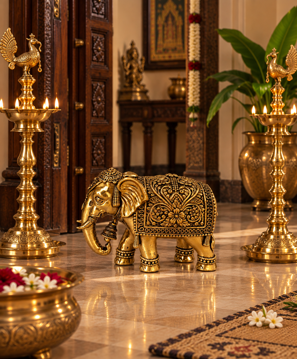 Handcrafted brass elephant decorative showpiece, traditional brass pooja item with intricate detailing, ideal for home altar decor
