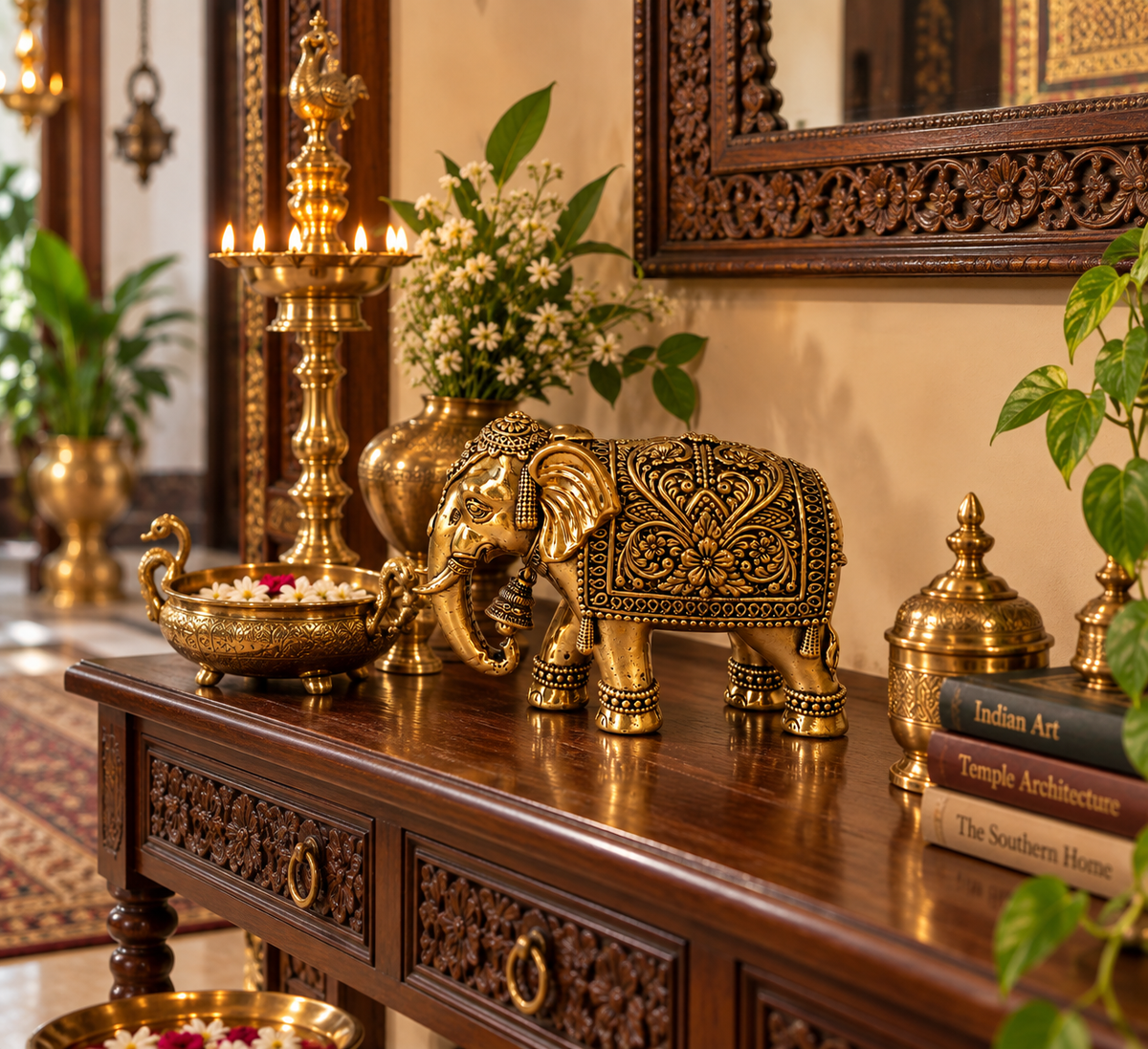 Handcrafted brass elephant showpiece, traditional decorative brass pooja item by The Gharnish, detailed and elegant for home decor