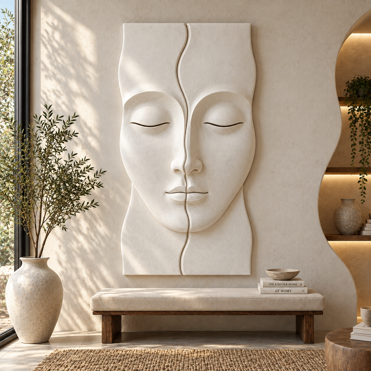 Modern wooden wall art by The Gharnish featuring a split face abstract sculpture, ideal for living room and entryway decor.