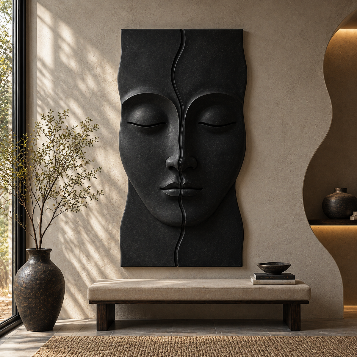 Wooden Serenity Split Face wall art by The Gharnish featuring modern abstract sculpture for living room or entryway decor.