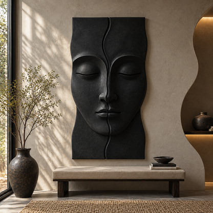 Wooden Serenity Split Face wall art by The Gharnish featuring modern abstract sculpture for living room or entryway decor.