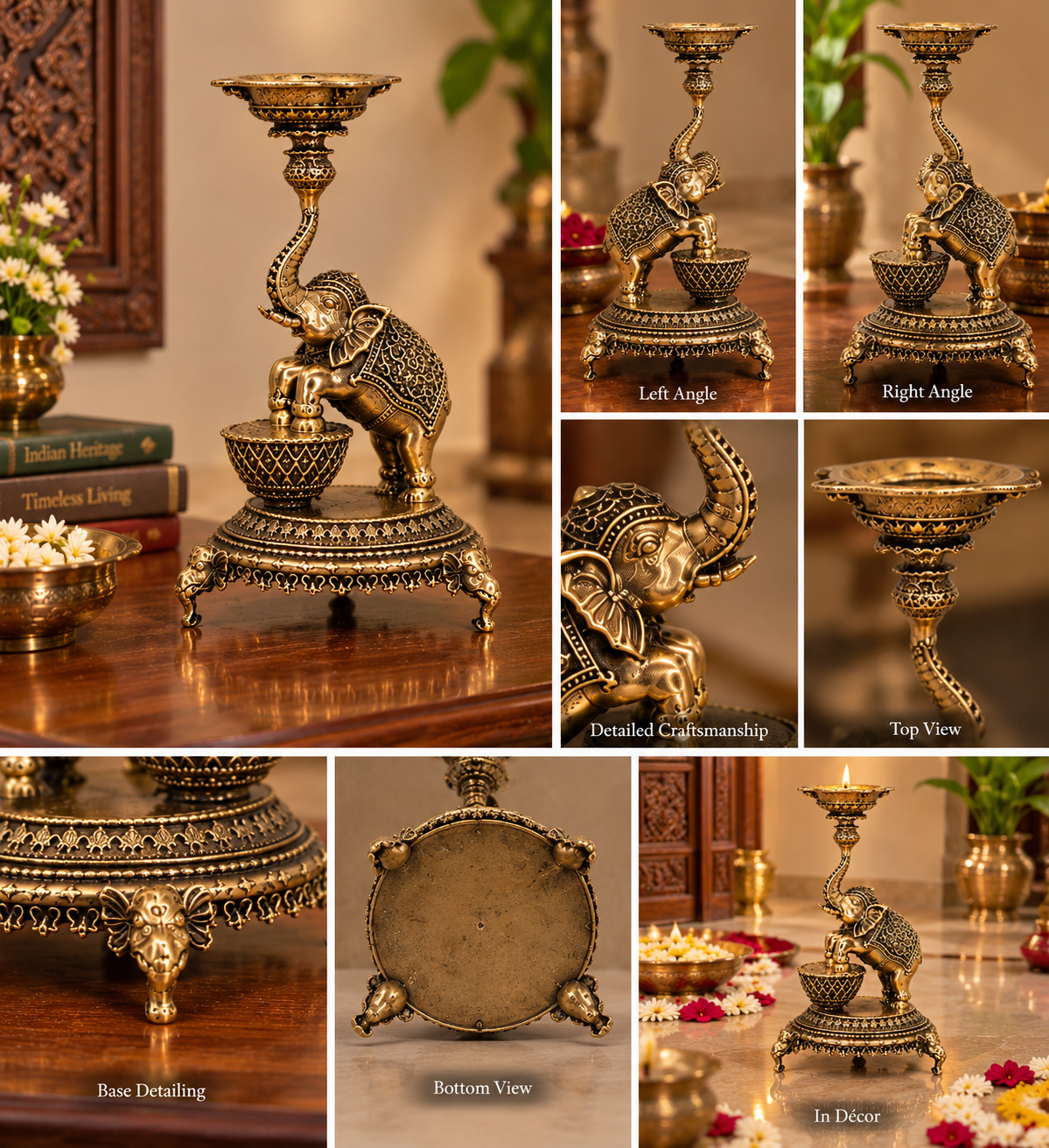 Antique brass elephant diya stand, handcrafted traditional brass pooja item with intricate detailing for religious rituals.