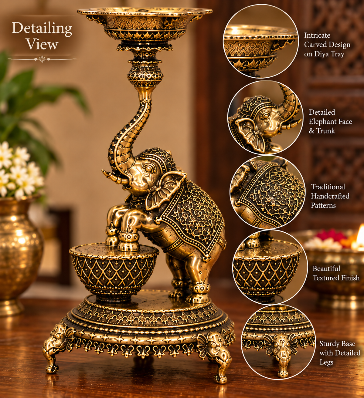 Antique brass elephant diya stand for traditional pooja, handcrafted brass diya holder with intricate elephant design, part of brass pooja items.