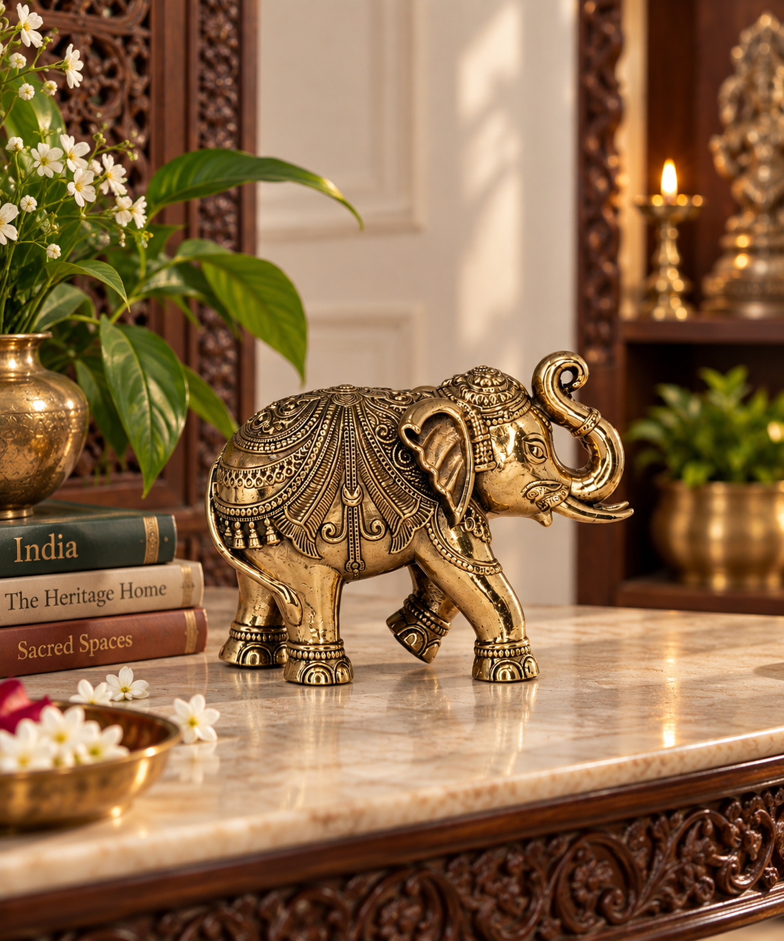 Antique brass elephant statue from The Gharnish, traditional South Indian heritage décor, showcasing detailed craftsmanship.