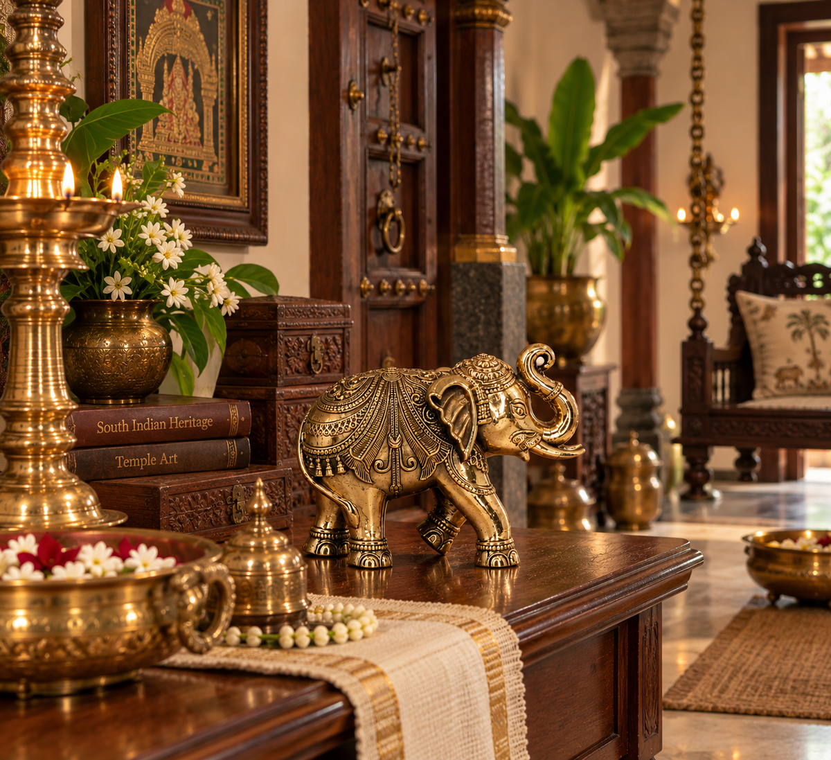 Antique brass elephant statue, traditional South Indian heritage decor, crafted for Pooja, by The Gharnish.