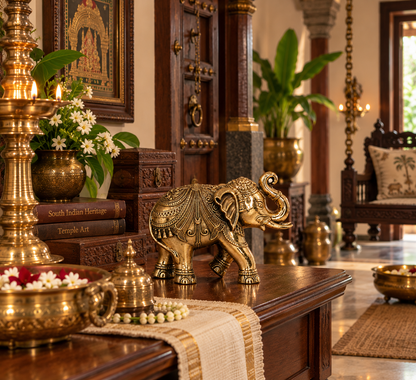 Antique brass elephant statue, traditional South Indian heritage decor, crafted for Pooja, by The Gharnish.