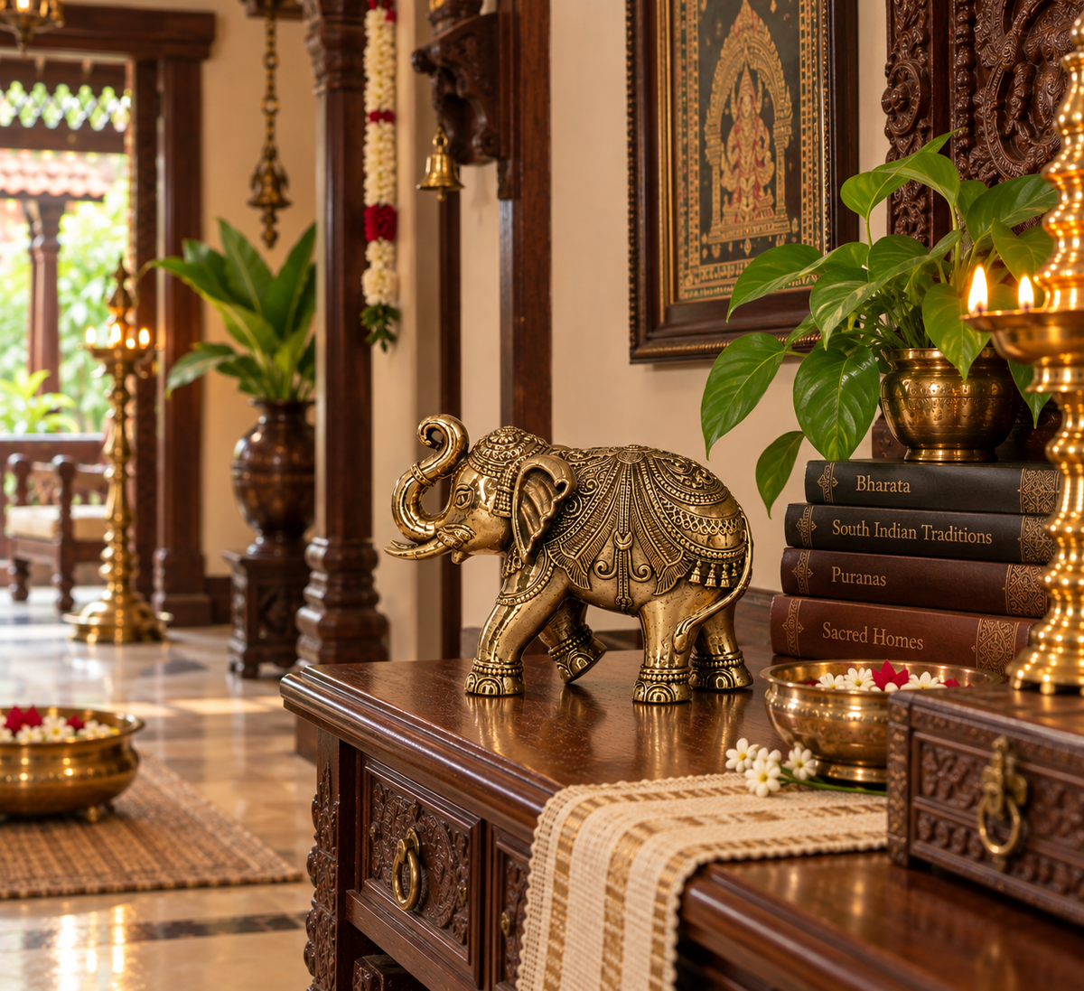 Solid brass elephant statue, traditional South Indian heritage décor, ideal for pooja or home decorative accents.