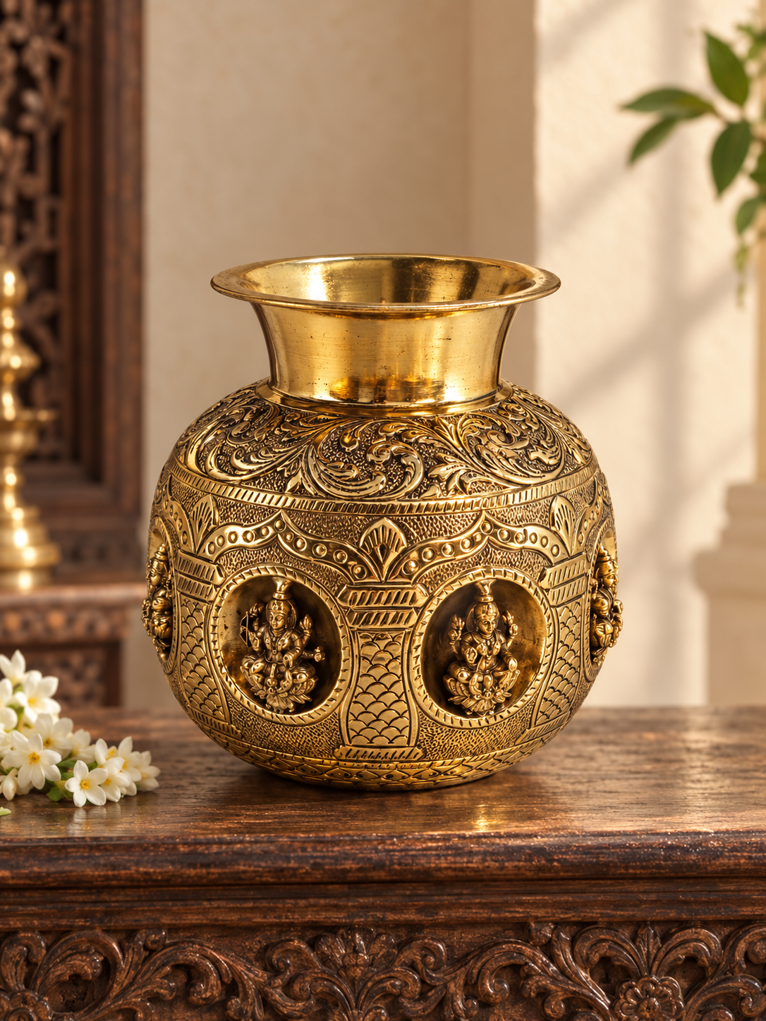 Antique brass Ashta Lakshmi Kalash for traditional pooja and Vastu décor, crafted by The Gharnish, with intricate design details.