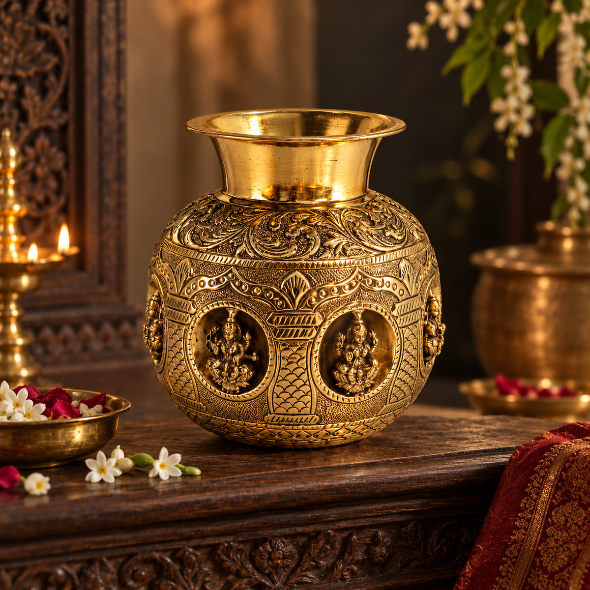 Antique brass Ashta Lakshmi Kalash for traditional pooja and Vastu décor, featuring intricate designs and a polished finish.