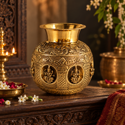Antique brass Ashta Lakshmi Kalash for traditional pooja and Vastu décor, featuring intricate designs and a polished finish.