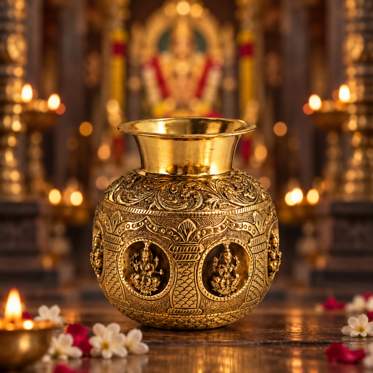 Antique brass Ashta Lakshmi Kalash for traditional pooja and Vastu décor, crafted by The Gharnish, featuring intricate design and cultural symbolism.