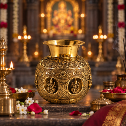 Antique brass Ashta Lakshmi Kalash for traditional pooja and Vastu decor, crafted by The Gharnish.