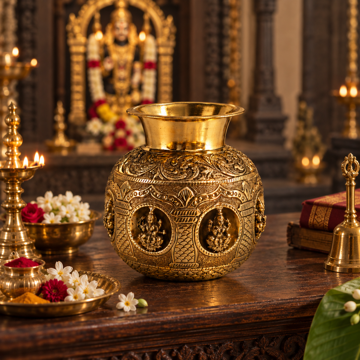 Antique brass Ashta Lakshmi Kalash for traditional Pooja and Vastu décor, featuring intricate designs and a polished finish.