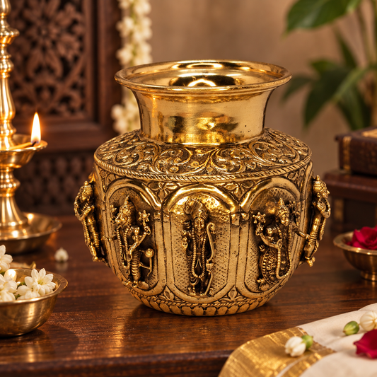 Antique brass Dashavatar Kalash for traditional Pooja and Vastu décor, featuring intricate craftsmanship and a polished finish.