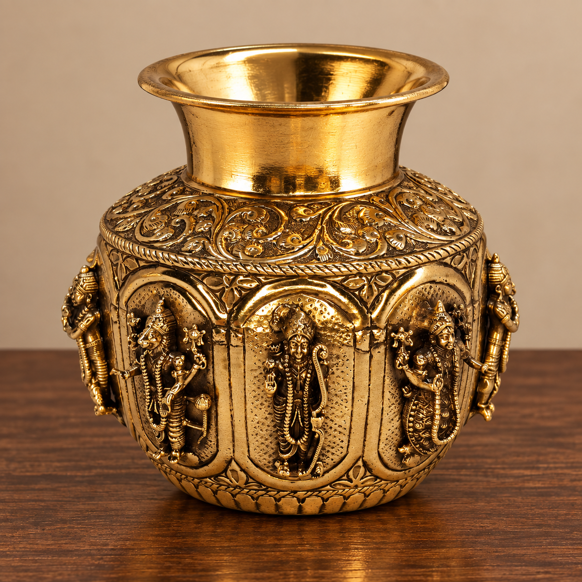 Antique brass Dashavatar Kalash for traditional Pooja and Vastu decor, featuring intricate craftsmanship and spiritual symbolism.
