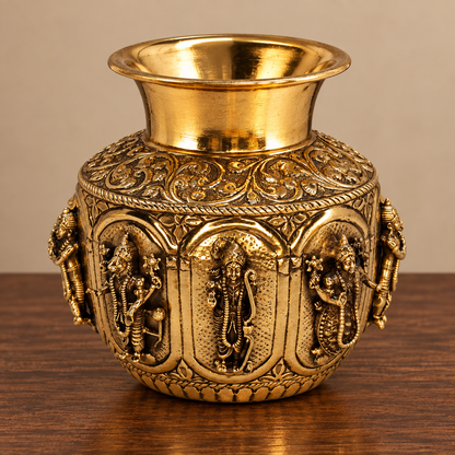 Antique brass Dashavatar Kalash for traditional Pooja and Vastu decor, featuring intricate craftsmanship and spiritual symbolism.