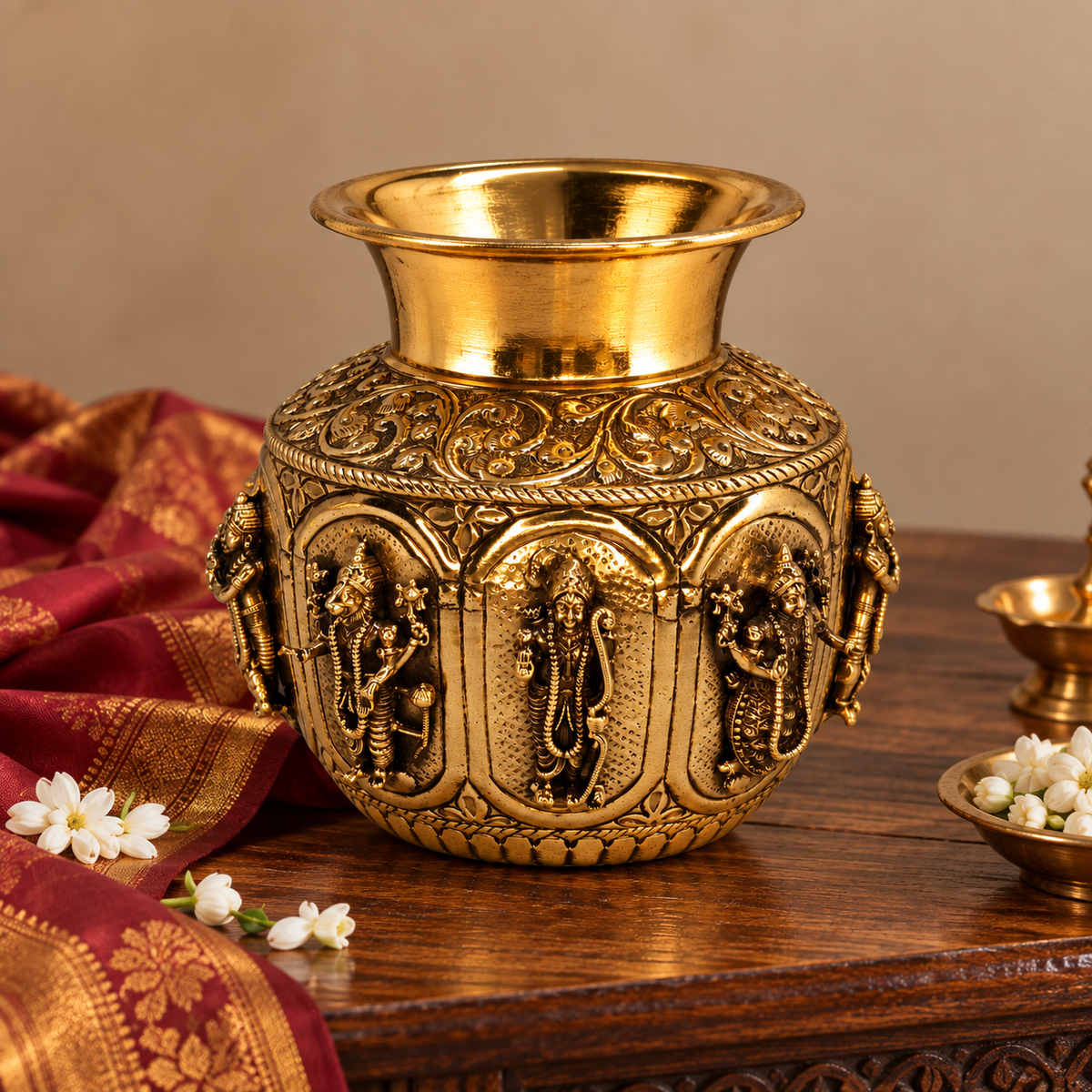 Antique brass Dashavatar Kalash for traditional Pooja and Vastu décor, featuring intricate craftsmanship and a polished finish.