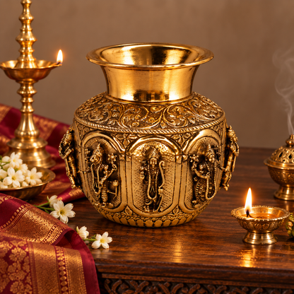Antique brass Dashavatar Kalash, a traditional brass Pooja item with intricate designs for Vastu and religious rituals.