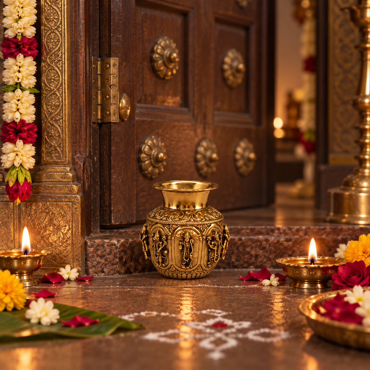 Antique brass Dashavatar Kalash for traditional Pooja and Vastu décor, featuring intricate craftsmanship and classic design.