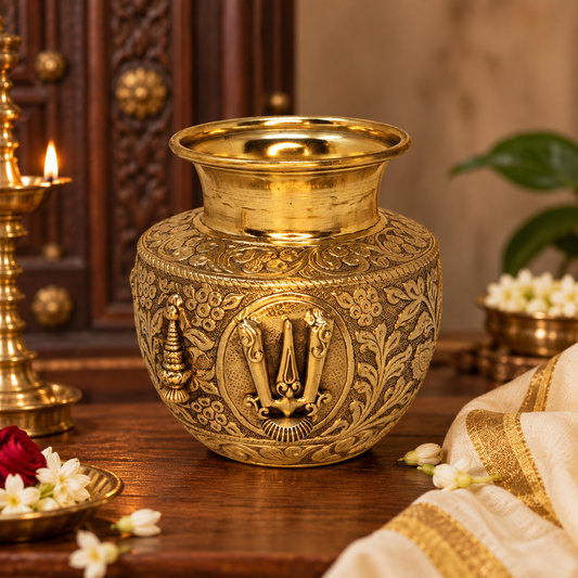 Antique handcrafted brass kalash with traditional engravings, used as a decorative pooja pot in Indian religious rituals.