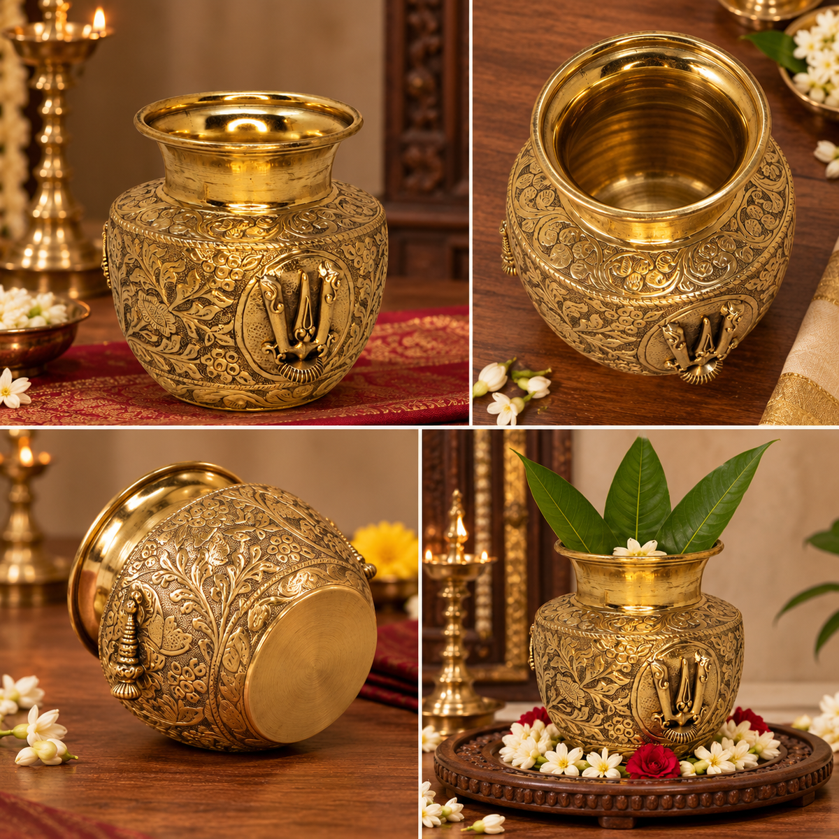 Antique handcrafted brass kalash with traditional engravings, used as a decorative pooja pot for religious rituals.