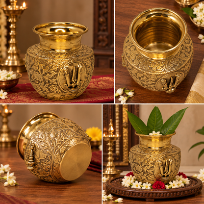 Antique handcrafted brass kalash with traditional engravings, used as a decorative pooja pot for religious rituals.