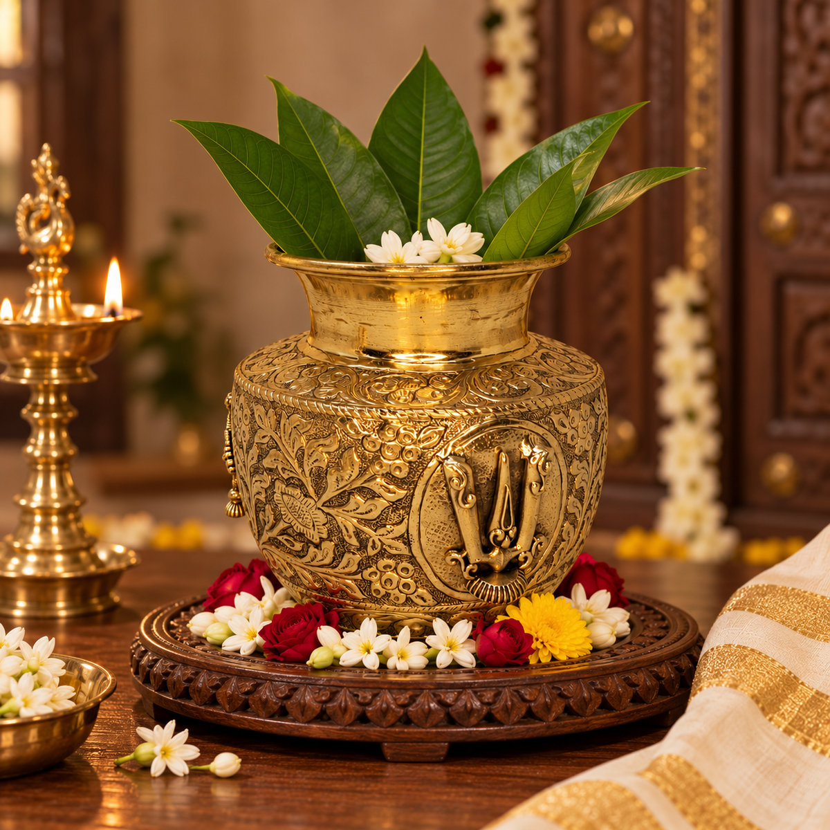 Antique handcrafted brass kalash with traditional engravings, used as a decorative pooja pot in Indian religious ceremonies.